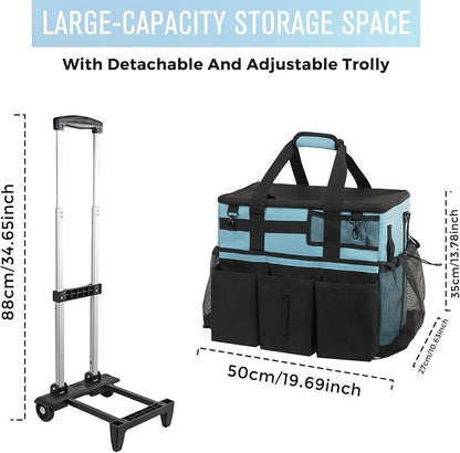 SCAVATA Rolling Cleaning Caddy Bag with Detachable Trolley, Large Cleaning Supplies Organizer with Wheels, Multi Pocket Cleaning Cart with Adjustable Shoulder Strap for Housekeepers & Home, SkyBlue