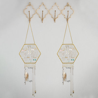 Jetec 2 Pcs Earring Wall Holder Wall Mounted Earring Organizer Hanging Jewelry Stand Decorative Diamond Grid Shape Display Rack with Hooks for Earrings Necklace Bracelet(Gold)