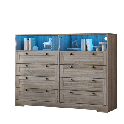 GAOMON 8 Drawer Wooden Dressers for Bedroom with Power Outlet and LED Lights, Grey Wood Chest of Drawers with Deep Drawer, Modern Wide TV Stand Dresser for 55" TV for Bedroom, Living Room, Hallway