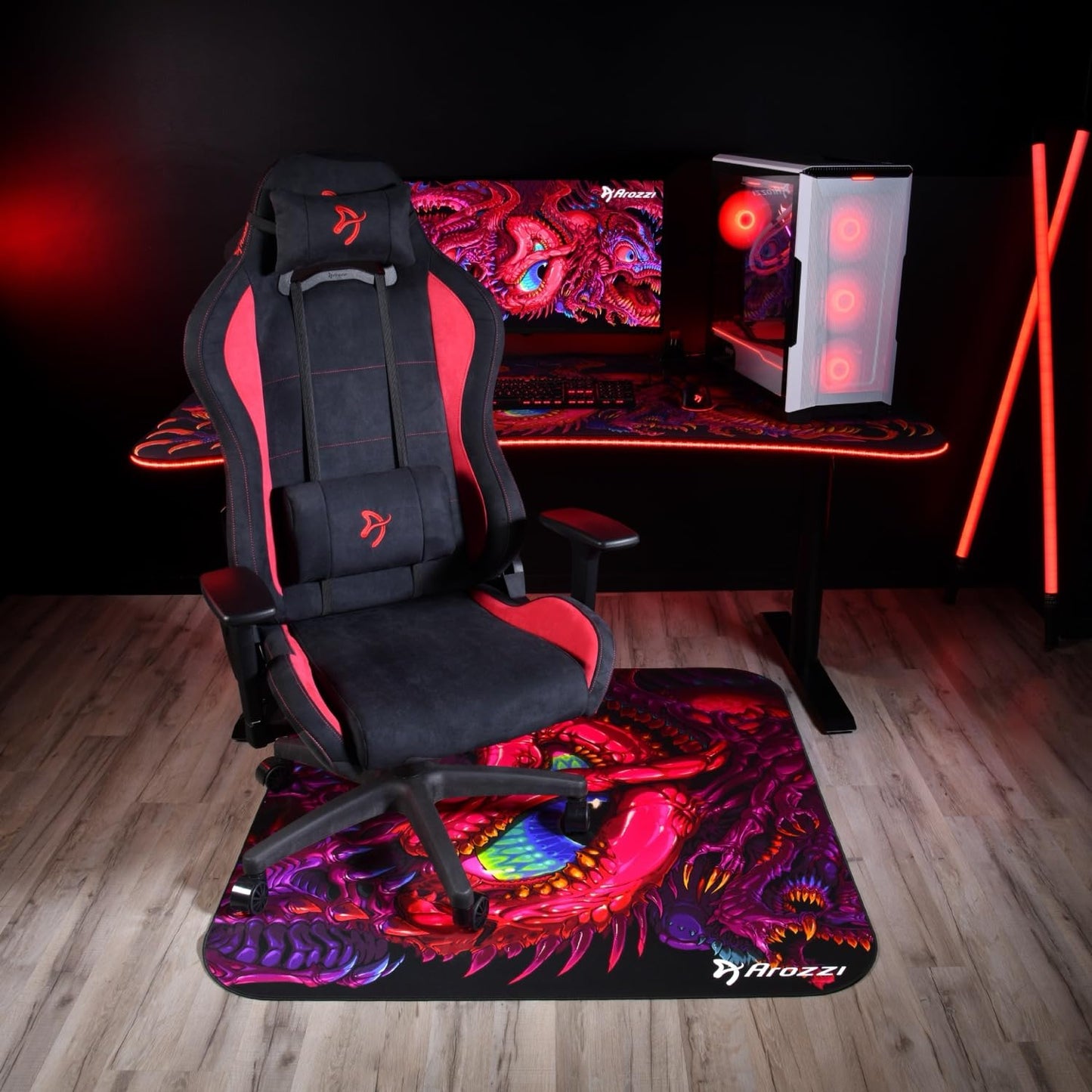Arozzi Arena Special Edition Ultrawide Curved Gaming and Office Desk with Full Surface Water Resistant Desk Mat Custom Monitor Mount Cable Management Cut Outs - Crawling Chaos