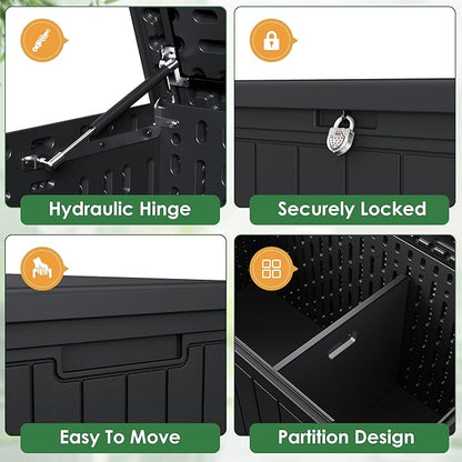 Devoko 260 Gallon Double-Wall Deck Box with Divider, Side Handles, Resin Outdoor Large Storage Box Waterproof and Lockable for Patio Furniture, Garden, Pool (Black, 260 Gallon)