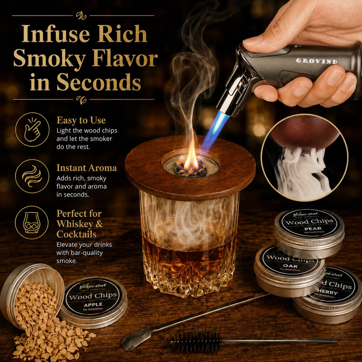 Grovind Whiskey Smoker Kit,Cocktail Smoker Kit with Torch,Bourbon smoker kit,Old Fashioned Smoker kit,Drink Smoker Infuser Kit with Wood Chips,Birthday Whiskey Bourbon Gifts for Men,Dad,Husband