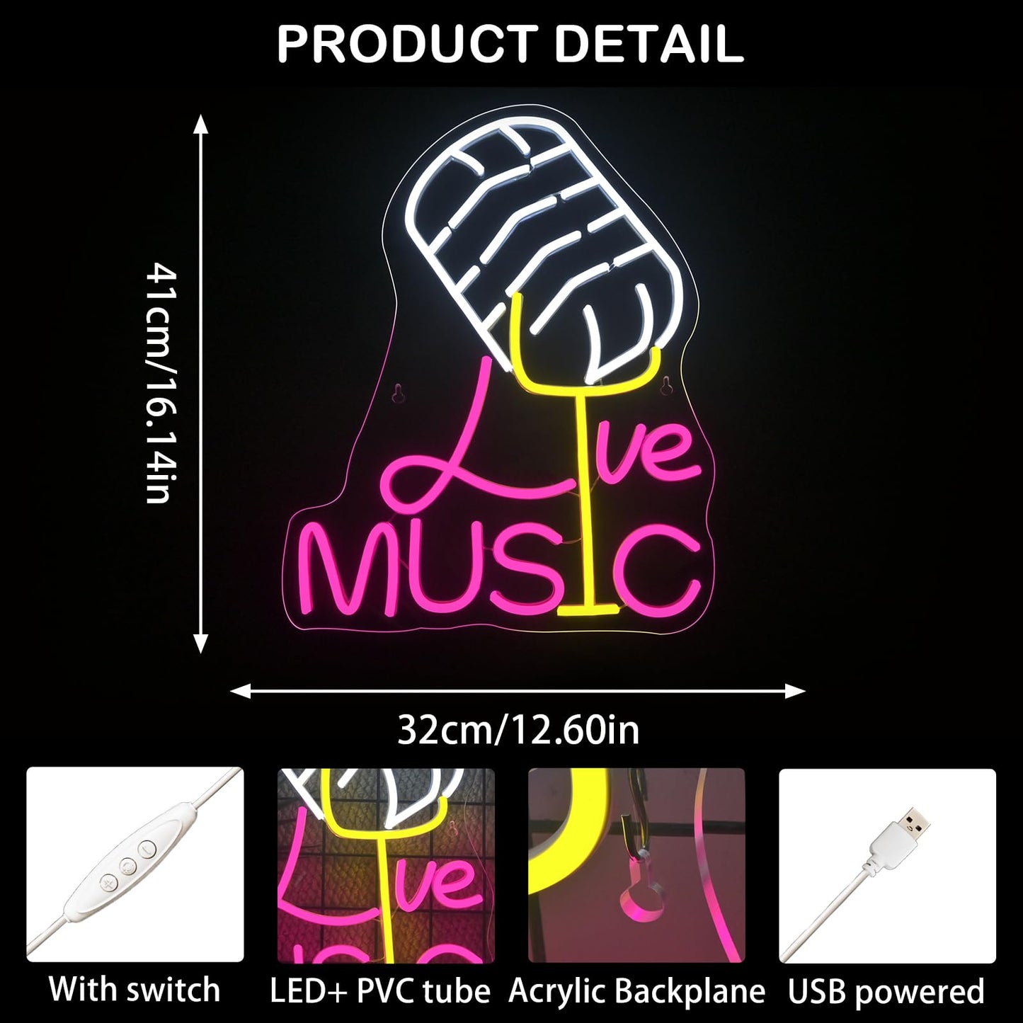 LooKLight Guitar Rock and Roll Neon Sign,Neon Light Sign,Led Neon Light for Wall Decor,Guitar Shape Light Up Sign,USB Neon for Bar Live Music Vocal Recital Concert Man Cave