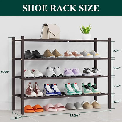 Smiry Long Bamboo Shoe Rack, 4 Tier Free Standing Wooden Shoe Organizer, Stackable Wood Shoe Storage Shelf for Closet, Entryway, 14 Vertical Slats, 2+2 Stack Heavy-Duty Legs, 33.7"x11"x26", Brown