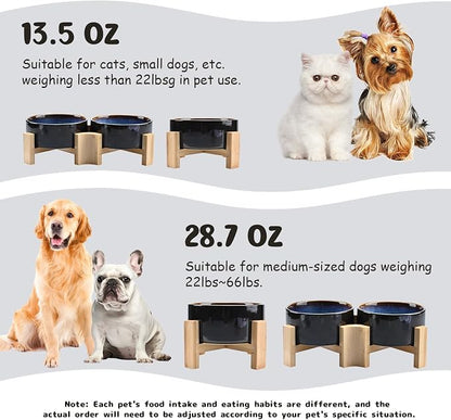SPUNKYJUNKY 15° Slanted Ceramic Dog and Cat Bowl with Wooden Stand, Tilted Bulldog Food and Water Bowl No Slip Non-Spill for Cats Medium Dogs Big Face Pets 28.7 OZ (3.6 Cups, Starry Blue)