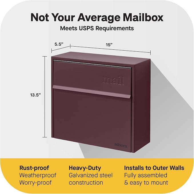 Adoorn Lockable Wall Mount Mailboxes for Outside - Small Anti-Theft Locking Mailbox for Letters - Weatherproof Construction - Durable Steel - 13.5" H x 15" L x 5.5" D - Malbec