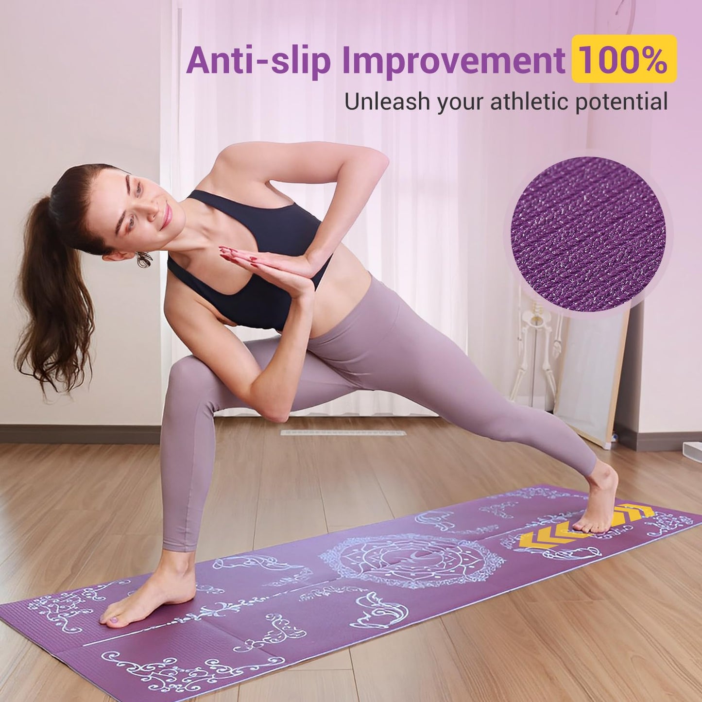 Avoalre Folding Yoga Mat, Eco-Friendly PVC Travel Yoga Mat Packable, Double Sided Non-Slip Printed Yoga Mats with Bag for Home Workout Gym Exercise Fitness Pilates Stretching (72" x 24" x 1/5" Thick)