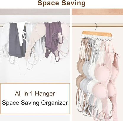 Bra Hanger for Closet, Tank Top Organizer 20 Hooks Capacity Foldable Wood Space