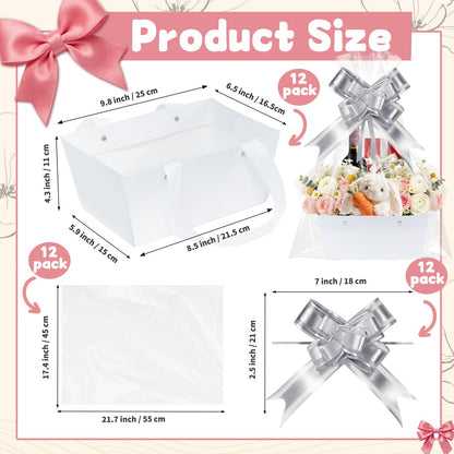 Surgifuly 12 Pack Baskets for Gifts Empty Bulk Kraft Empty Gift Basket Kit, Gift Bags With Handles DIY Kit for Packages Wrapping Wedding Party (White)