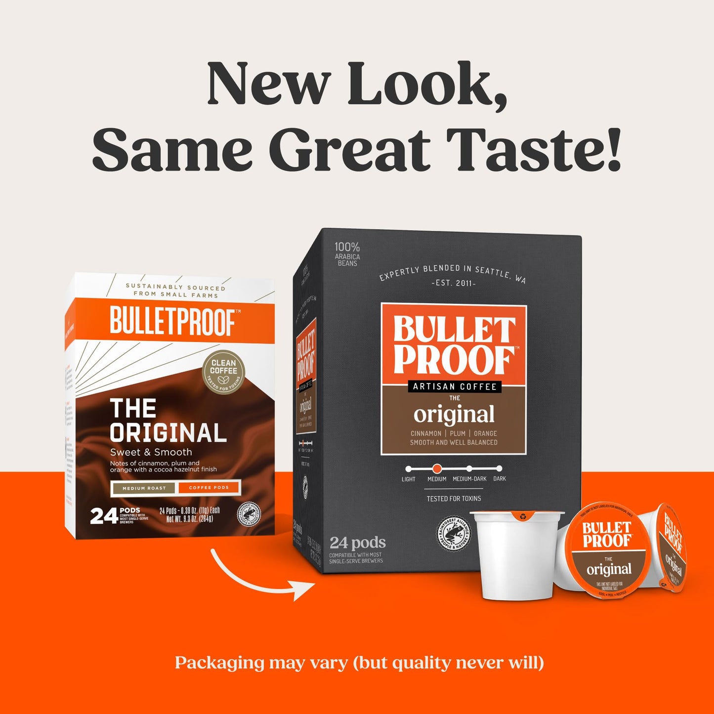 Bulletproof Original Medium-Roast Single-Serve Coffee Pods, 24 Count, 100% Arabica Beans, Clean Coffee Tested for Toxins, Packaging May Vary