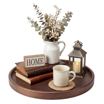 Round Natural Wood Tray - 12 Inch Decorative Serving Tray with Handles, Solid Wooden Coffee Table Tray for Ottoman, Vanity, Entryway, Snacks, Drinks & Home Decor