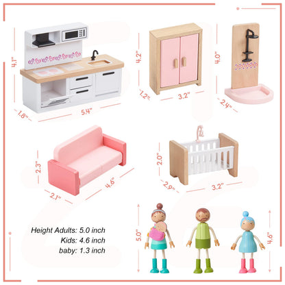 Giant bean 36pcs Wooden Dollhouse Furniture Set with Dolls for 5 Rooms, Wood & Plastic Pink Dollhouse Accessories Pretend Play Furniture Toy Christmas Birthday Gift Toy for Kids Boys Girls Toddler 3+