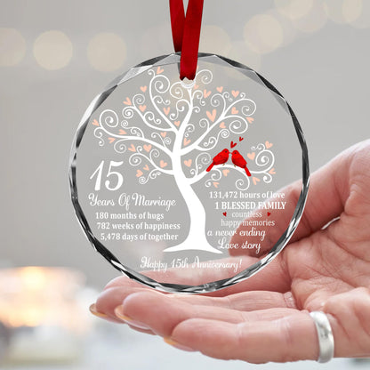 Bozspacer 15th Wedding Anniversary Ornament for Parents Couple Wife Husband - Crystal Anniversary Wedding Gift Ideas - Christmas Glass Ornament for 15 Years Marriage