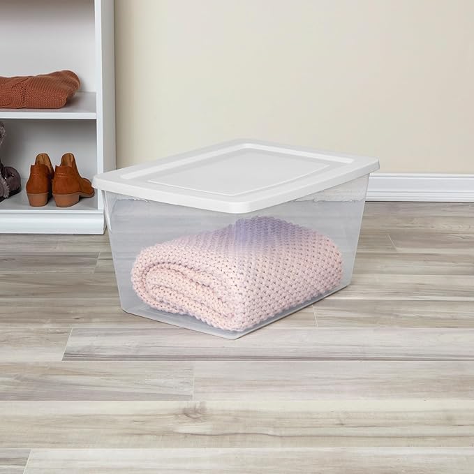 Sterilite 12-Pack Clear Storage Box, Stackable Container Bins with Lids, 58 Qt, White – Large Plastic Containers for Home, Closet, Bathroom, Classroom, and Office Organization