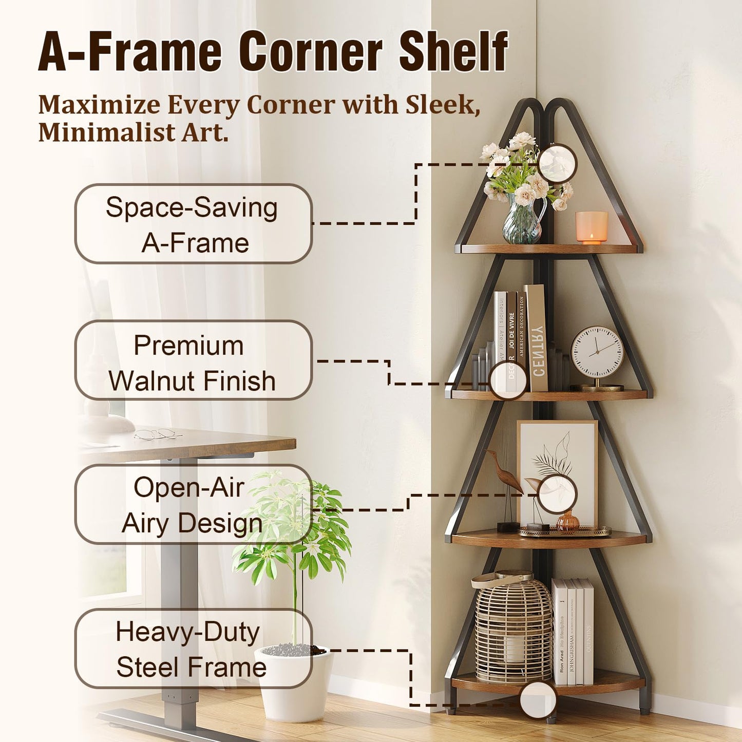 Espelism 4-Tier Corner Shelf Stand, 53.1” Tall Industrial Standing Display Shelf Storage Rack,Narrow Plant Stand,Tree Design Corner Bookshelf for Living Room, Bedroom, Office (Brown, 4-Tier)