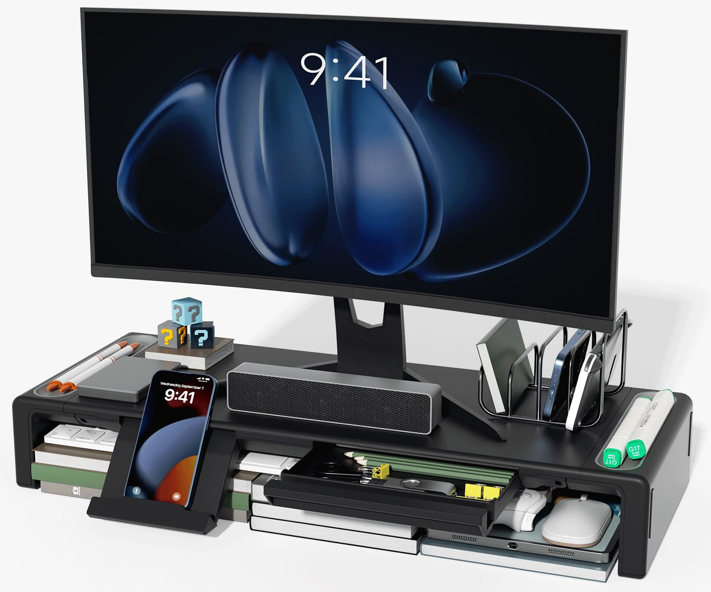 OImaster Adjustable Monitor Stand Riser with Drawer - Foldable Computer Stand for Desk, Desktop Organizer with Phone Holder & Pen Slot, Space Saving Laptop Riser for Home Office, Black