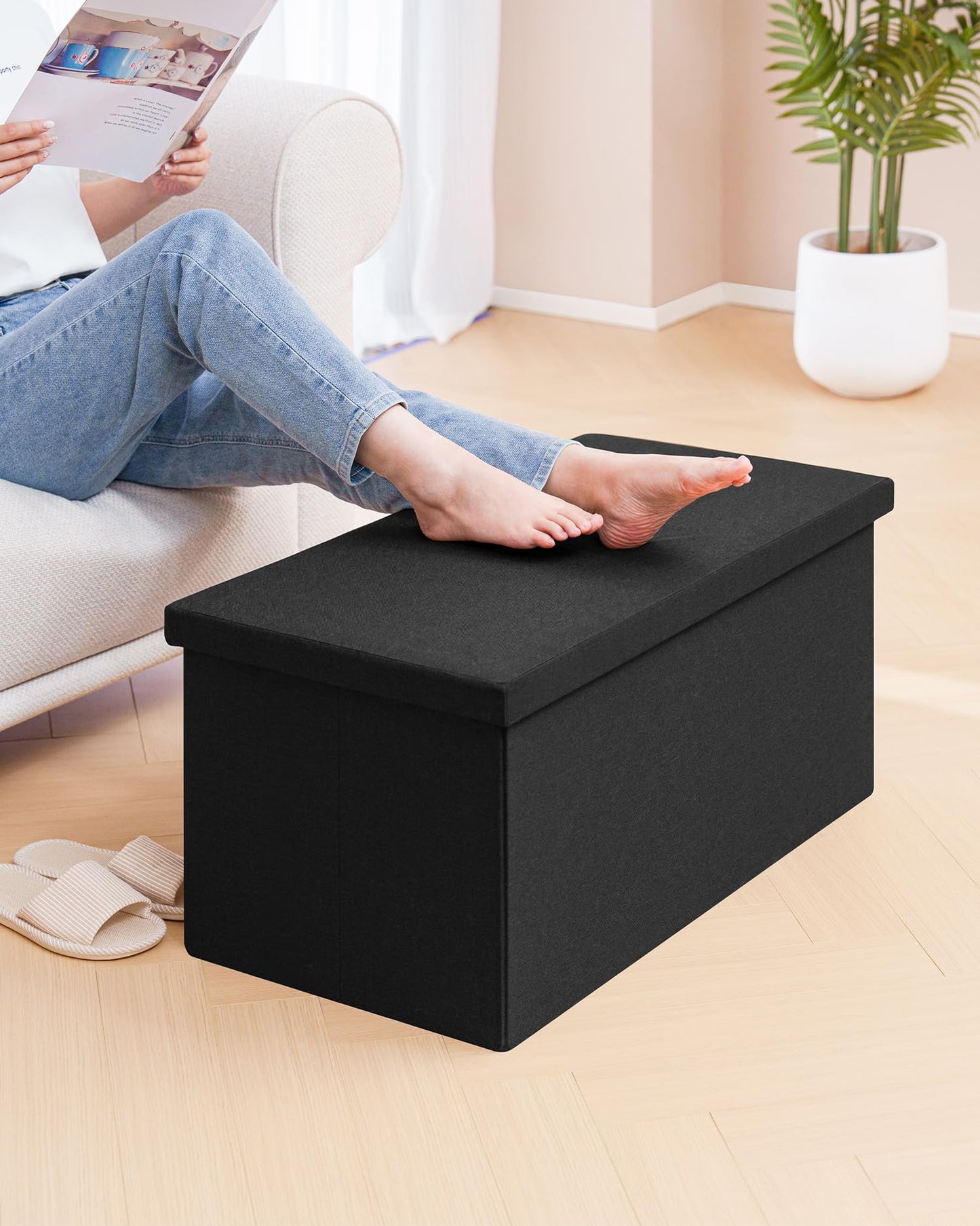 PINPLUS Folding Storage Bench, 30 inches Ottoman Coffee Table Cube Chair Foot Rest Stool Storage Chest for Living Room Bedroom, Holds up to 550 lb (Black)