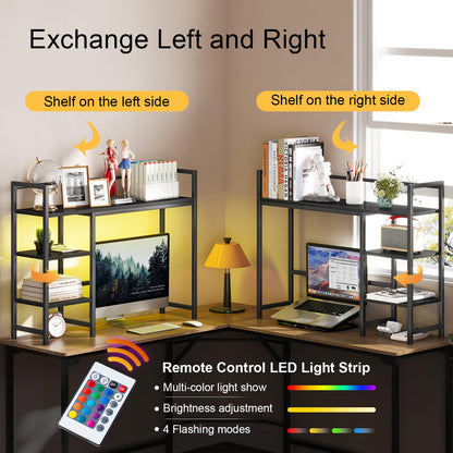 Snughome Desk Shelf with LED Strip, 38.6" Desktop Organizer Shelf, Desk Hutch for Computer Monitor, 4 Tier Desk Display Rack, Wood Desktop Bookshelf Storage Rack for Home Office Dorm