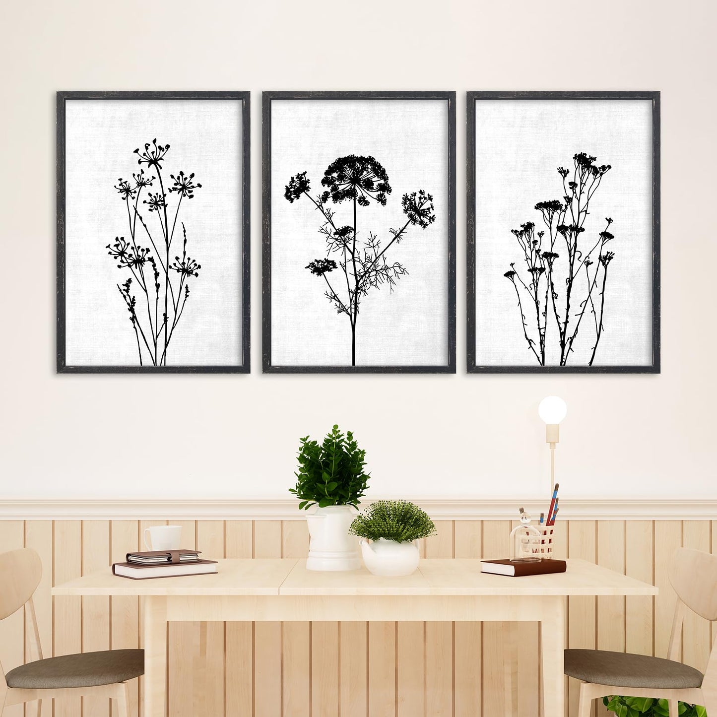 Flower Plant Wall Art Decor 16"x11" Set of 3 Black And White Botanical Painting Wood Framed For Minimalist Bedroom Office Rustic Living Room Abstract Wildflower Sign Hanging (Black)