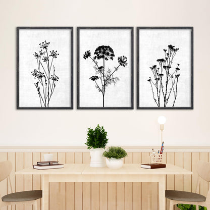 Flower Plant Wall Art Decor 16"x11" Set of 3 Black And White Botanical Painting Wood Framed For Minimalist Bedroom Office Rustic Living Room Abstract Wildflower Sign Hanging (Black)