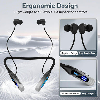 Podity Neckband Bluetooth Headphones, 1000H Extra Battery Life with Display Magnetic Earphones,Wireless Stereo Earbuds with Microphone, Waterproof in-Ear Headset for Sports/Workout/Office (Silver)