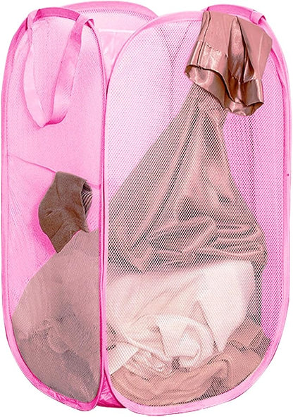 Portable Mesh Pop Up Laundry Hamper Pink Vertical Collapsible Laundry Basket