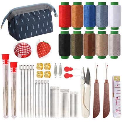 75 PCS Sewing Tool Set, Big Eye Steel Sewing Needles Kit with 10 Rolls Jeans Thread & Strawberry Pin Cushion Holder, Denim Needles Hand Repair Kit for Beginners, Portable DIY Travel Working
