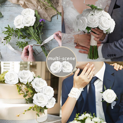 WANTMAZOR 200PCS Artificial Flowers White Roses Real Looking Foam Fake Roses with Leaves and for DIY Wedding Bouquets Bridal Shower Centerpieces Party Decorations (White, 200)