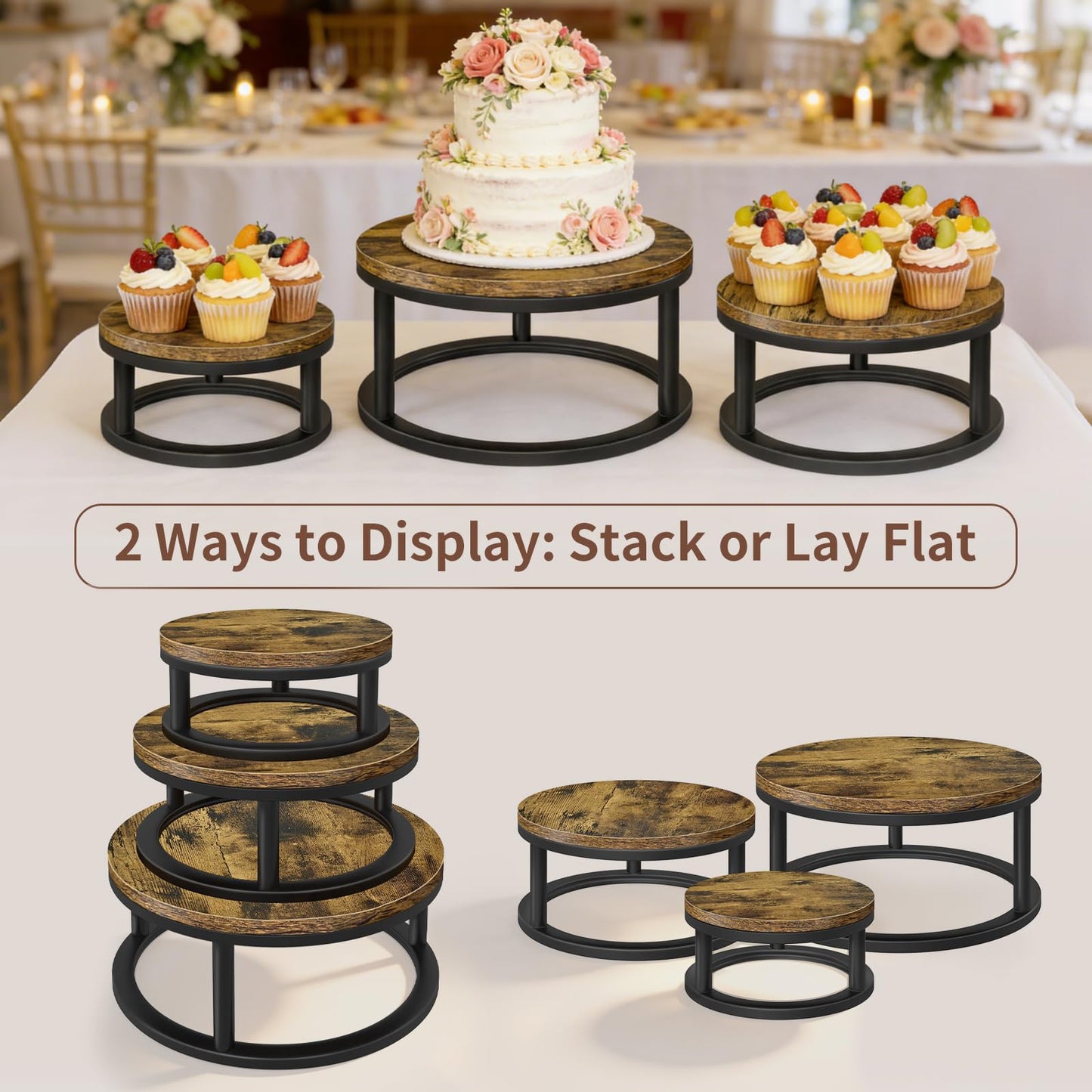 Cake Stand Set, 3 Packs Round Cupcake Stand Cake Pedestal Stand (8"/10"/12" Plate) Industrial Rustic Wood Rustic Dessert Table Display Stand Set Serving Tray for Party, Wedding, Birthday, Baby Shower