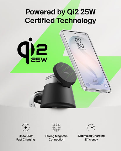 Belkin 3-in-1 Wireless Charging Station for Samsung Galaxy S26, Android - Qi2.2 25W Magnetic Charger for Pixel 10, iPhone 17, USB C Port for Galaxy, Pixel, & Apple Watch (Watch Charger Not Included)