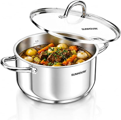 Sunhouse 8 Quart Stock Pot with Lid - 3-Ply Base Stainless Steel Cooking Pot - 8 QT Canning Dutch Oven Stock Pots - Oven Safe & Induction Cookware