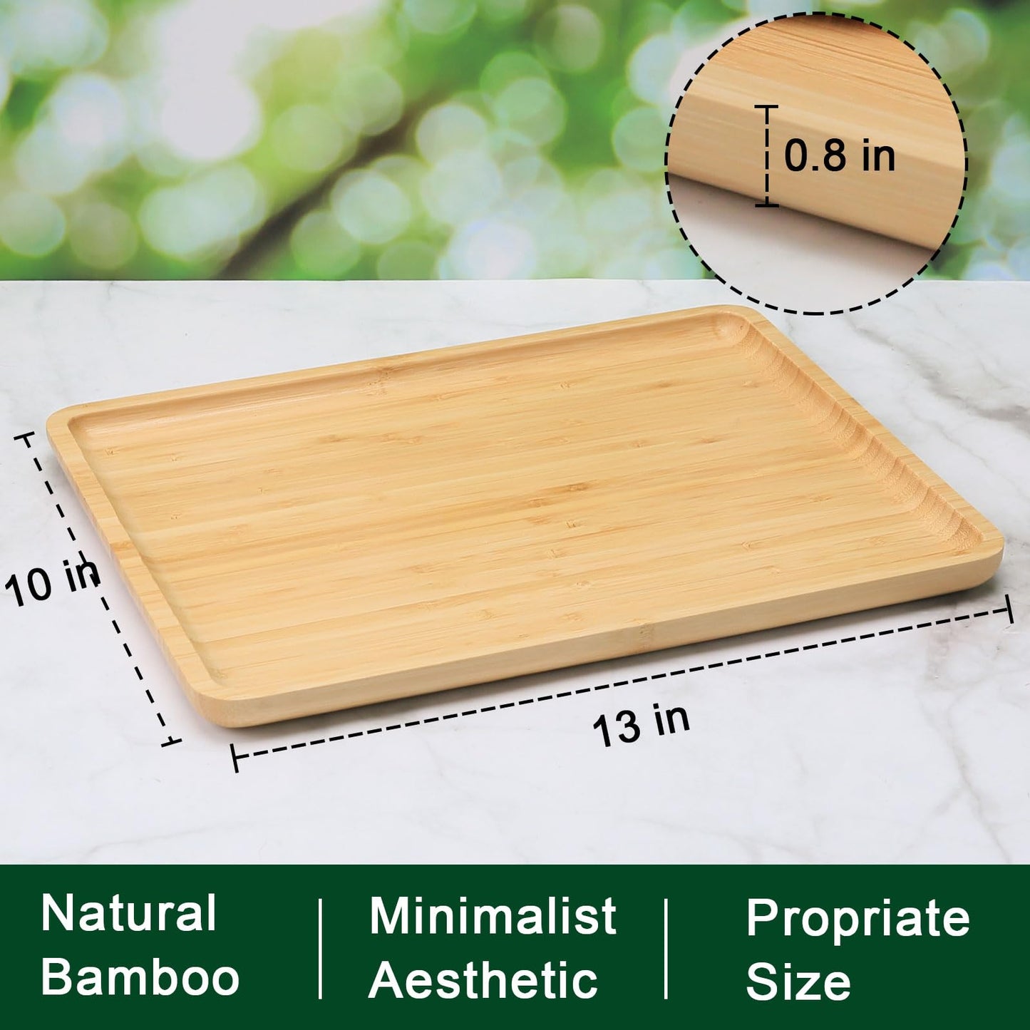 ZTHapwa Bamboo Wooden Serving Tray, 13x10 Inch Rectangular Food Tray with Raised Edges, Lightweight Snack Platter for Breakfast in Bed, Coffee Table, Party Serving, Also as Charcuterie Board