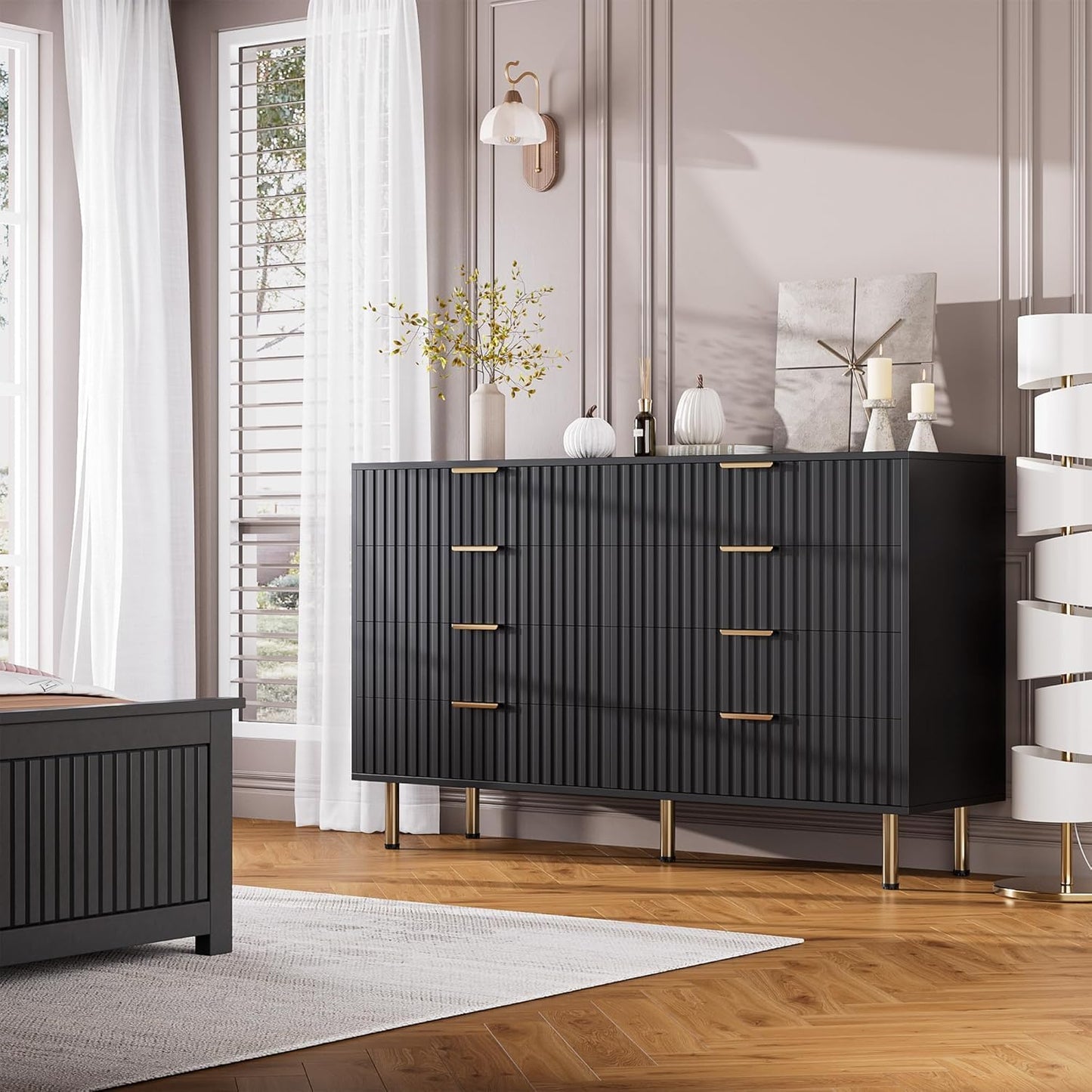 GarveeHome 8 Drawer Dresser for Bedroom, Fluted 55 in Wide Modern Chest of Drawers with Deep Drawers, Wooden Dresser Organizer for Living Room, Hallway, Kids Room, Black