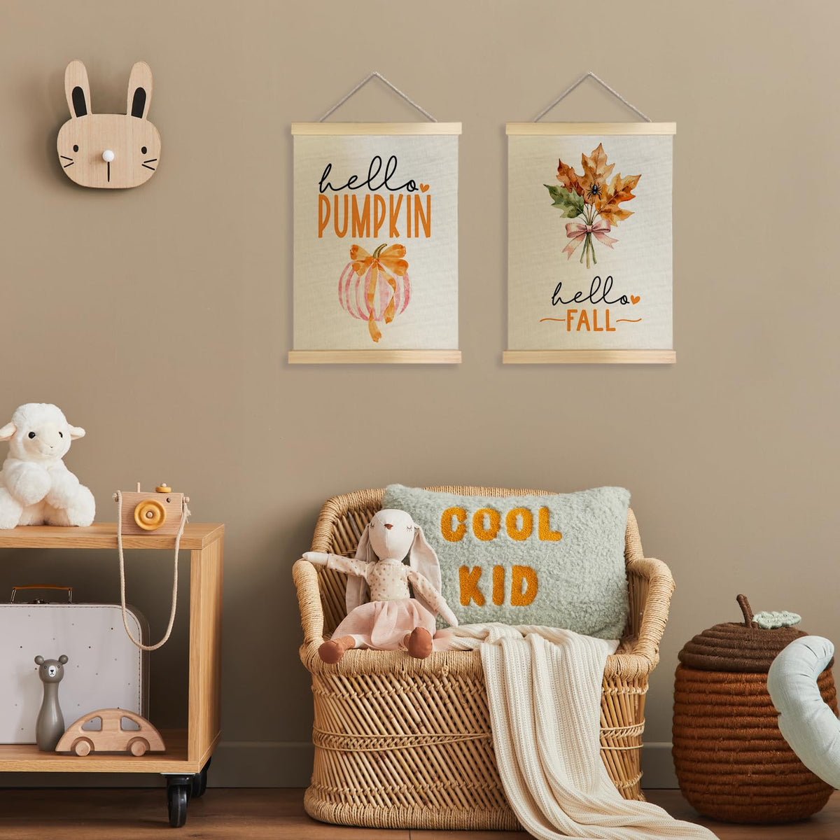 JINYO Hello Fall Pumpkin Maple Leaf Wall Art Poster, Preppy Fall Decor, Hello Pumpkin Autumn Canvas Prints Wall Decor for Home Living Room Kitchen Office, 12x16 Inches Set of 2