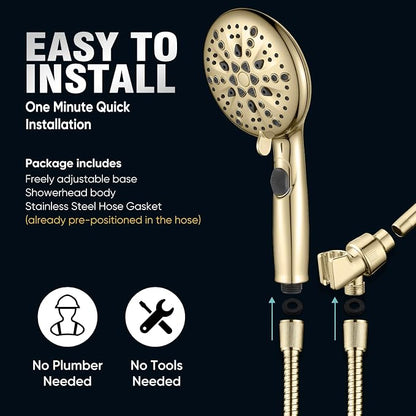 Cobbe 9-Function Shower Head with Built-in Power Spray, 1.8 GPM Water Saving ON/OFF Toggle Switch, High Pressure Handheld Showerhead with 1-Click Pause Button, Brass Bracket & 6ft Hose, Gold