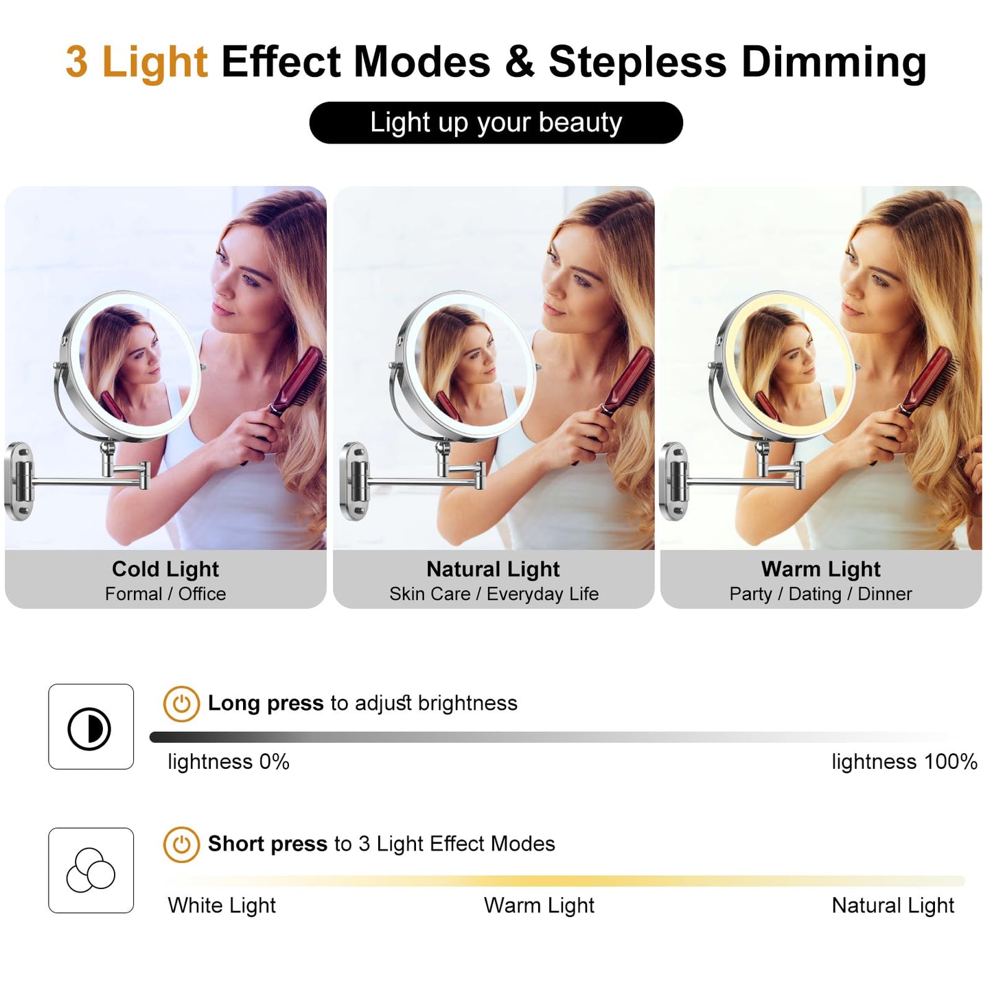 9" Wall Mounted Lighted Makeup Mirror,4000mAh Rechargeable Double Sided 1X/10X Magnifying Mirror with Light,3 Color Lights,Touch Dimmable,Extended Arm 360 Rotation Wall Mounted Makeup Mirror