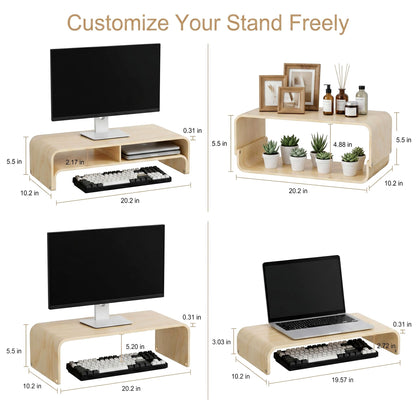 APRTAT Wood Monitor Stand Riser, Solid Woodon Dual Monitor Riser with Storage, 2-Tier Natural Monitor Riser with Storage, Computer Stand Keyboard Organizer