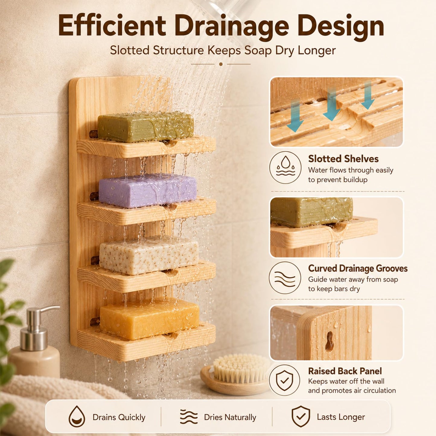 Ferrochef 4 Tier Wooden Soap Holder for Shower, Wall-mountable Soap Dish, Self Draining Bar Storage Organizer, Natural Wooden Bar Rack for Bathroom Counter, Kitchen, Easy Dry Extend Soaps Life