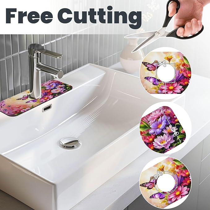 Pink butterfly flower Kitchen sink faucet pad, strong water absorption