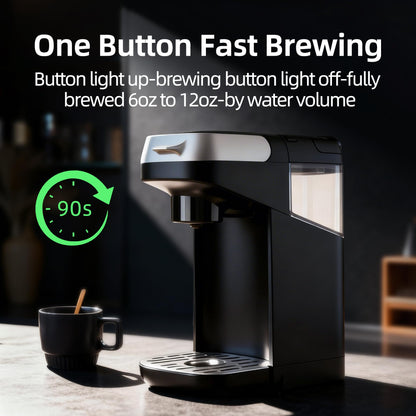 Greatogo Small Single Serve Coffee Maker for K Cup and Ground Coffee, Fast Brew One Cup Coffee, 6 to 12 oz. Brew Sizes, Machine with Descaling Reminder and Water Window, Black