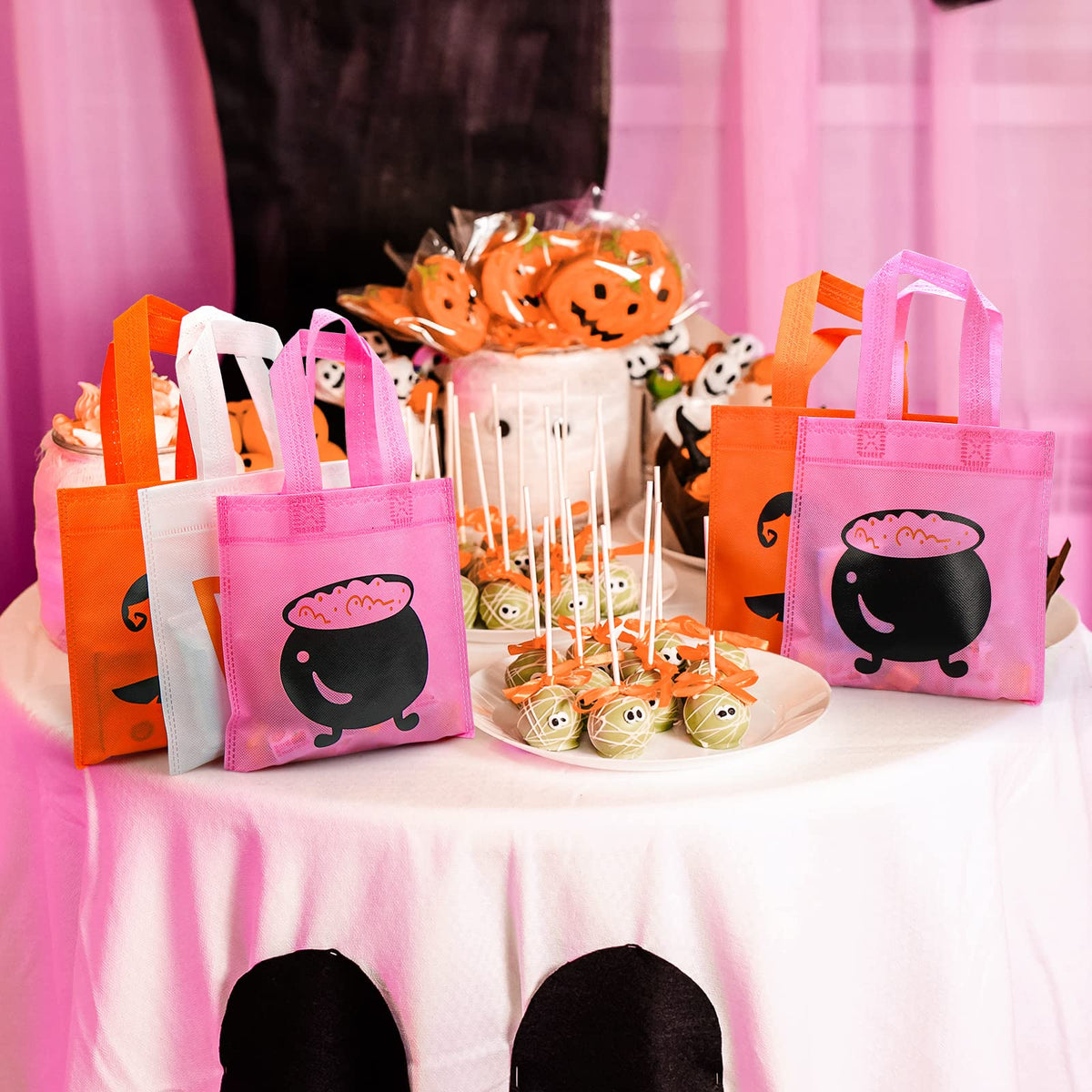 20pcs Pink Girl Halloween Treats Bags - Cute Ghost Witch Cauldron NonWoven Candy Bag Gift Tote for Little Boo Baby Shower Party Supplies