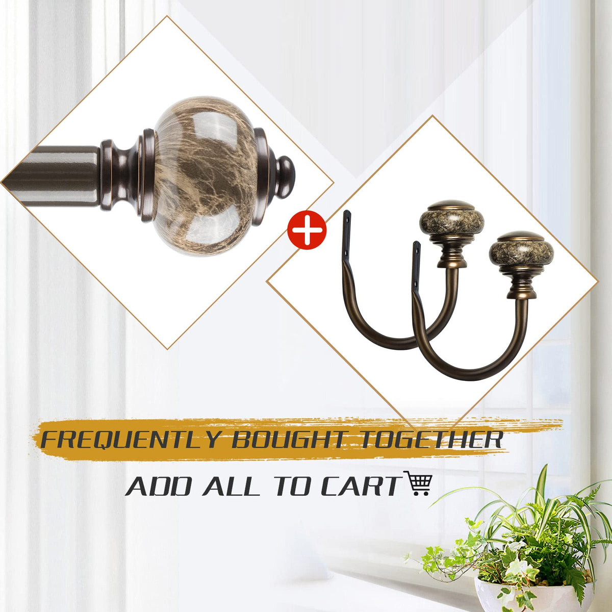 KAMANINA Decorative Curtain Holdbacks for Wall, Curtain Tiebacks Hooks with Screws Wall Mounted for Drapes Window Home Decoration, Marbled Finials, Bronze(1 Pair/2 Pack, Small)