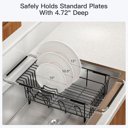 MAJALiS Dish Drying Rack Over The Sink with Utensil Holder, Drainboard | Expandable Stainless Steel Dish Drainer for Small Kitchen, Apartment, RV, Counter Space Saving, Perfect Fit, Rustproof
