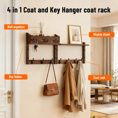 Dellicasi 28" Coat Rack Wall Mount with Shelf, Entryway Key Holder Wall Mount Wood Wall Coat Hooks with 7 Hooks 3 Key Hanger, Wall Mounted Coat Rack Mail Holder for Living Room, Bedroom