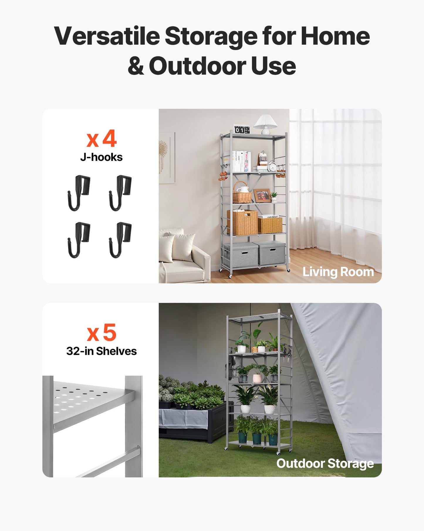 VEVOR 5-Tier Foldable Storage Shelf, 32W x 14D x 72H Inch Folding Metal Rack Shelving Unit, Heavy Duty No Assembly Organizer Shelf with 5 Wheels & 4 Hooks for Pantry, Kitchen, Garage, Basement, Grey