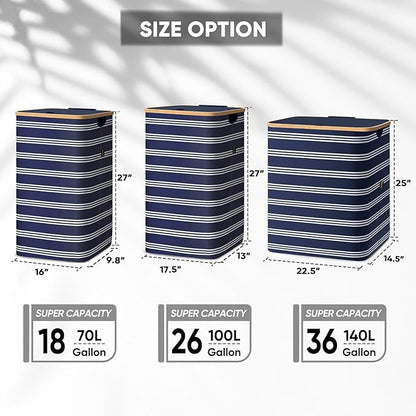BALEINE Laundry Hamper with Lid, Tall Laundry Baskets with Bamboo Pull Handles