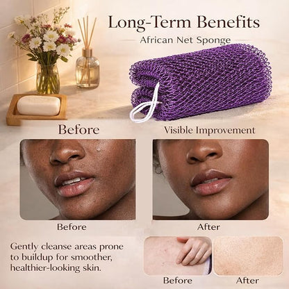 African Net Sponge Authentic, 3 Pieces African Exfoliating Net Sponge Body Back Scrubber Exfoliating Washcloth for Shower Bath for All Types Skin (Purple+Pink+Olive Green, 3 Pcs)