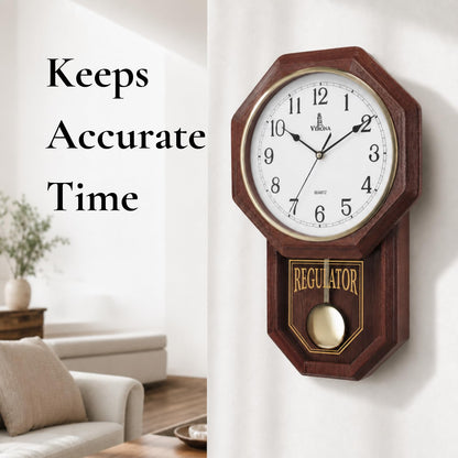 Pendulum Wall Clock - Real Wood Regulator Clock - Schoolhouse Design - Quiet, Non-Chiming, Wooden & Battery Operated - Decorative Wall Decor for Living Room, Home, Office 18x11