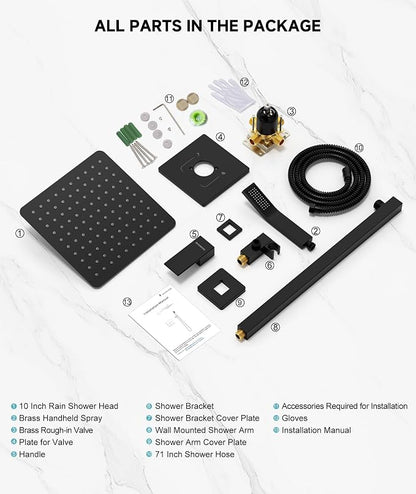 SR SUN RISE Shower Faucet Set & System - 10 Inch Rainfall Shower Head & Handle Set Wall Mounted Matte Black Solid Brass Valve Trim Kit Included