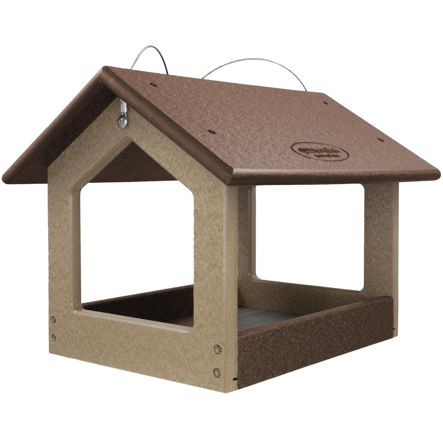 DutchCrafters Amish USA Made Recycled Plastic Large Hanging Modern Fly Through Covered Roof Open Platform Tray Bird Feeder for Outdoors, Garden, Yard (Tudor Brown & Weatherwood)